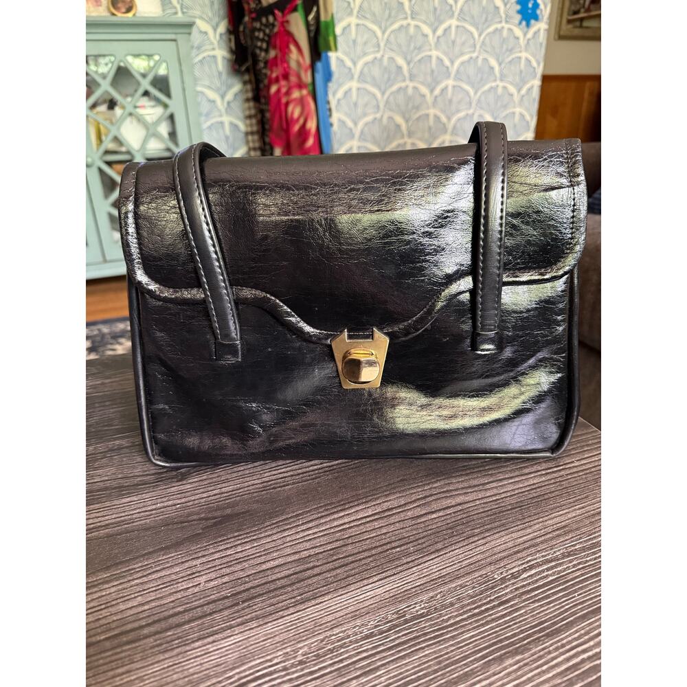 Vintage Leather Black and Gold Multi-Compartment Shoulder Bag